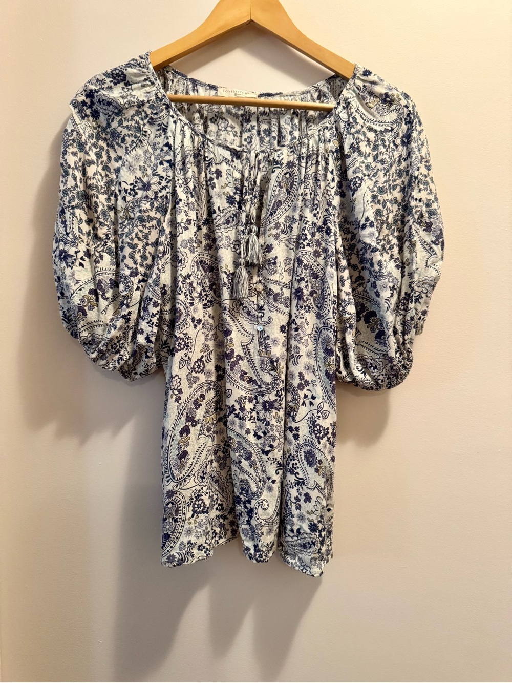 Lovestitch Blue White Paisley Boho Peasant Blouse Balloon Sleeve Size S